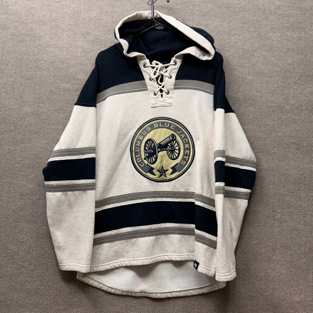 47 Brand NHL Columbus Blue Jackets Lace Up Hoodie Cream Navy Blue Mens Medium